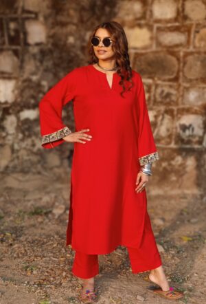 RED SHIKARA PHERAN CO-ORD SET