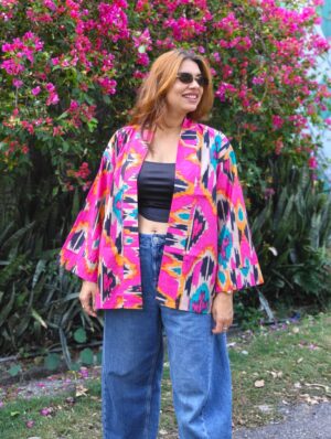 PINK IKKAT KIMONO SHRUG (FREE SIZE)